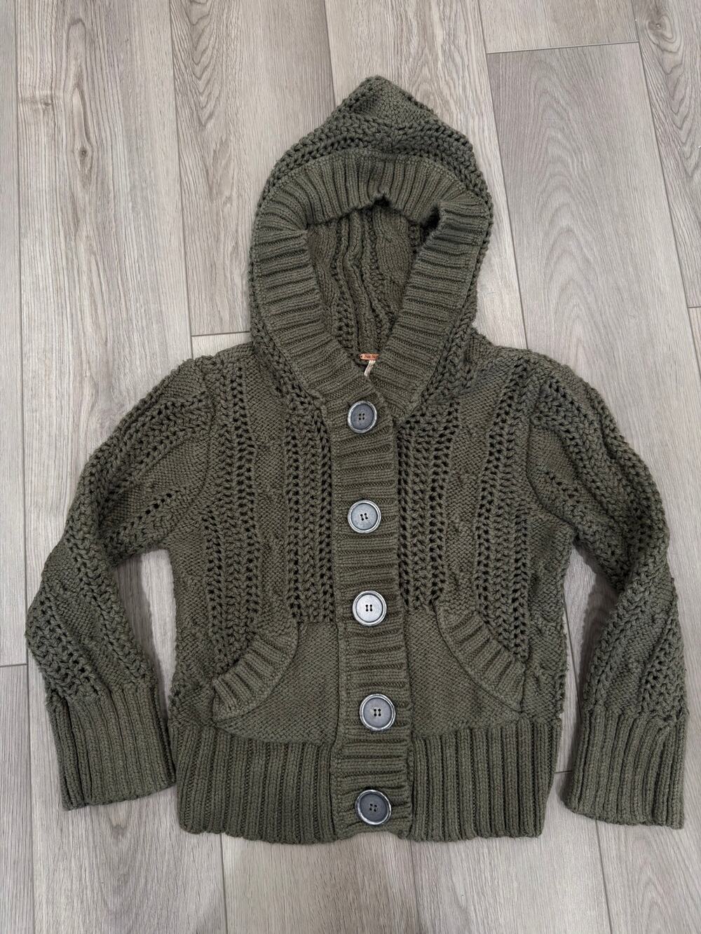 Free People Boho Olive Green Chunky Hooded Button Front Knit Cardigan Medium